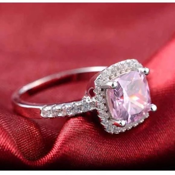 NEW 925 Silver Pink Cushion Sapphire Halo Ring - Picture 3 of 3